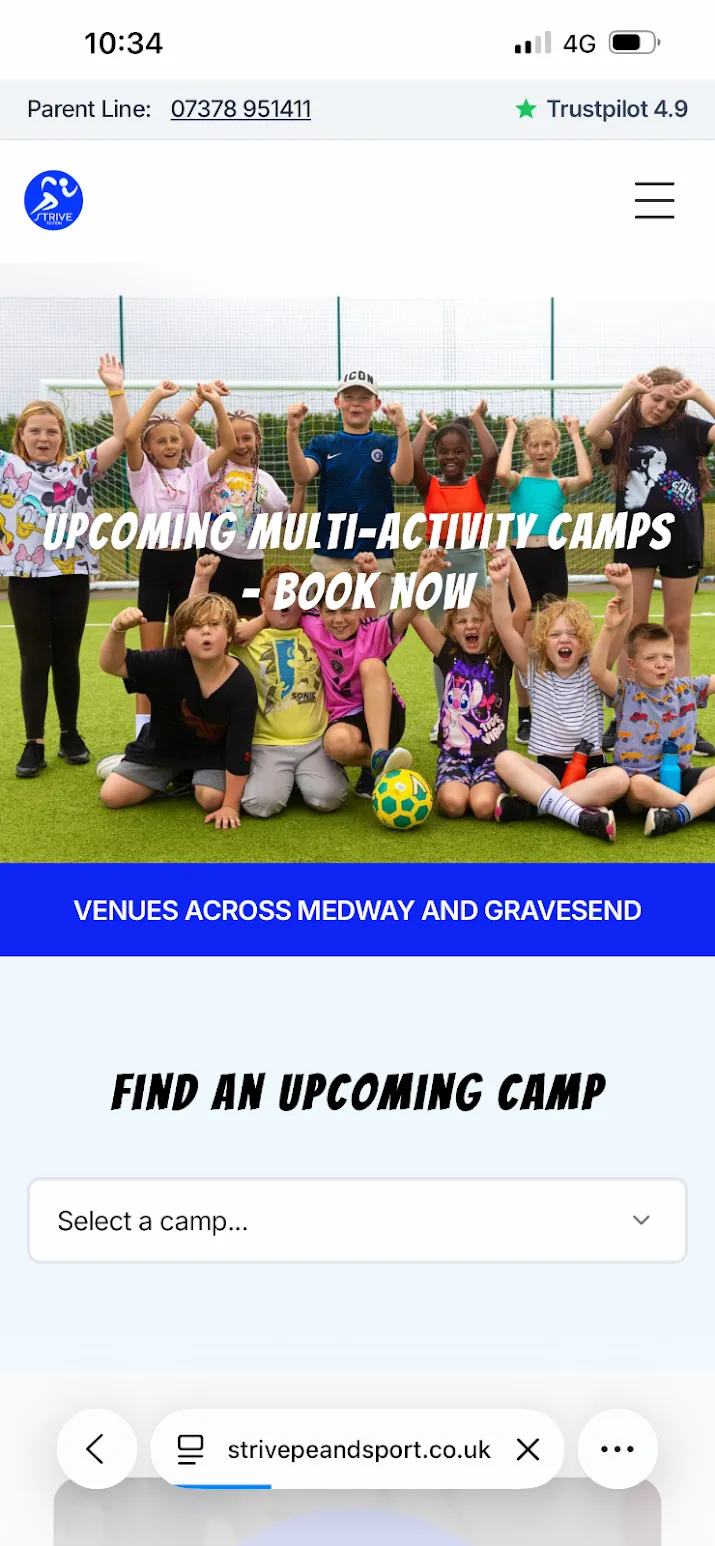 Strive PE and Sport website shown on a mobile phone