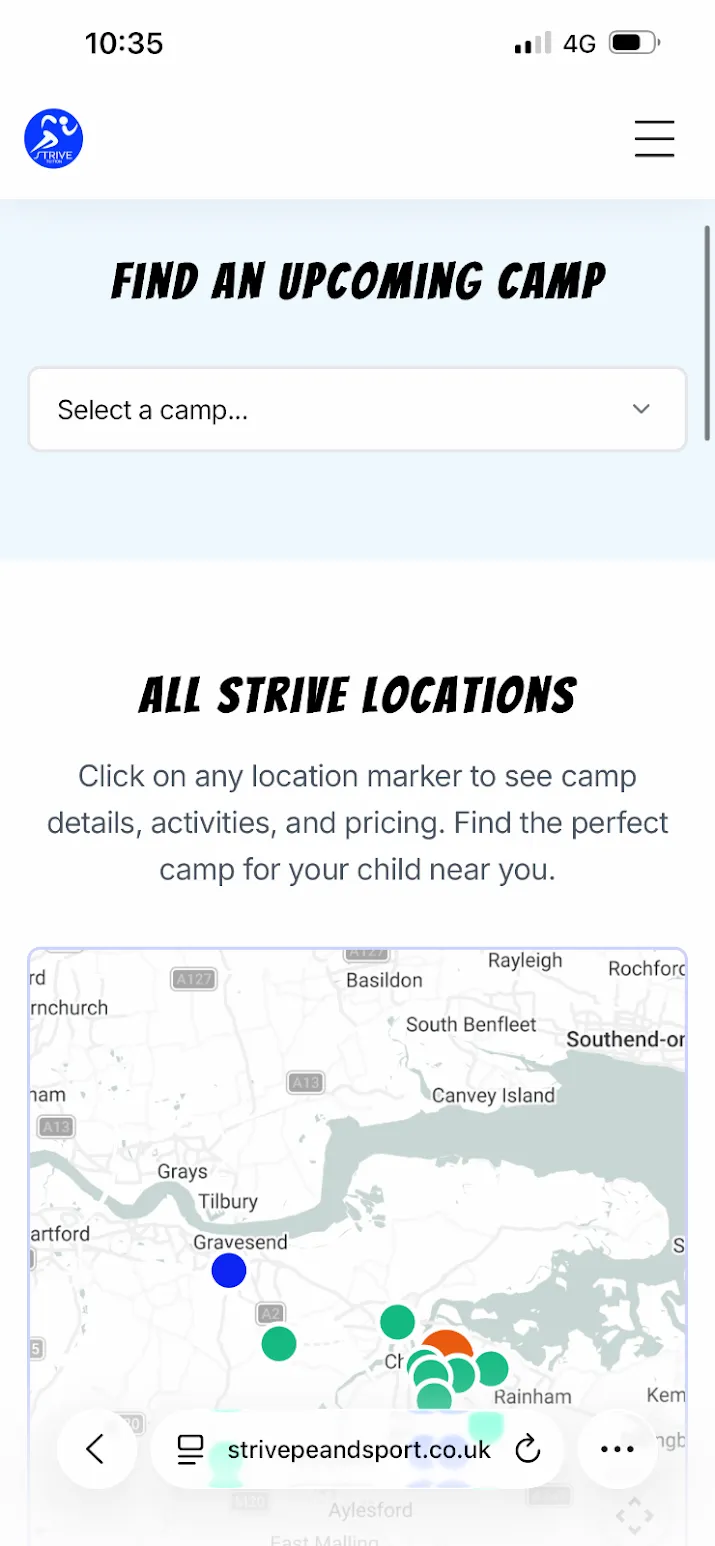 Strive PE and Sport website shown on a mobile phone
